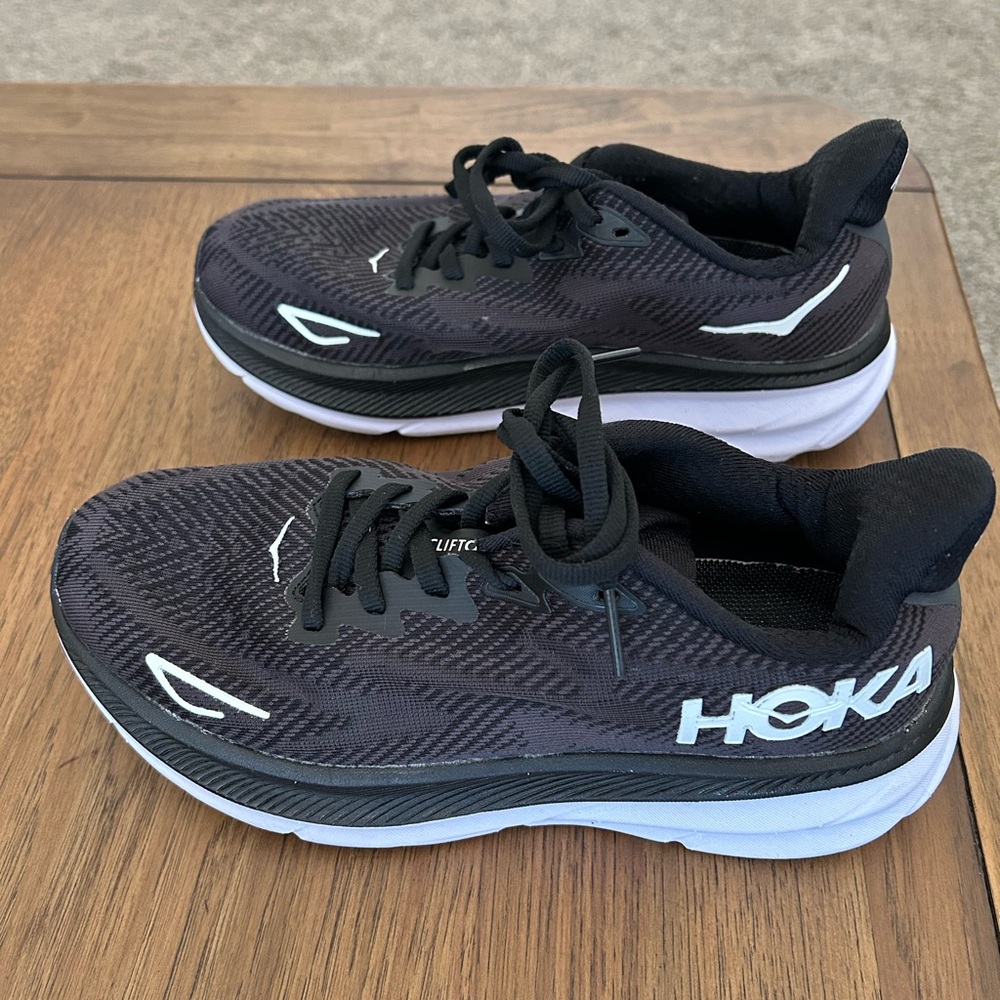 Hoka Black and White Clifton 9 Athletic Shoes
